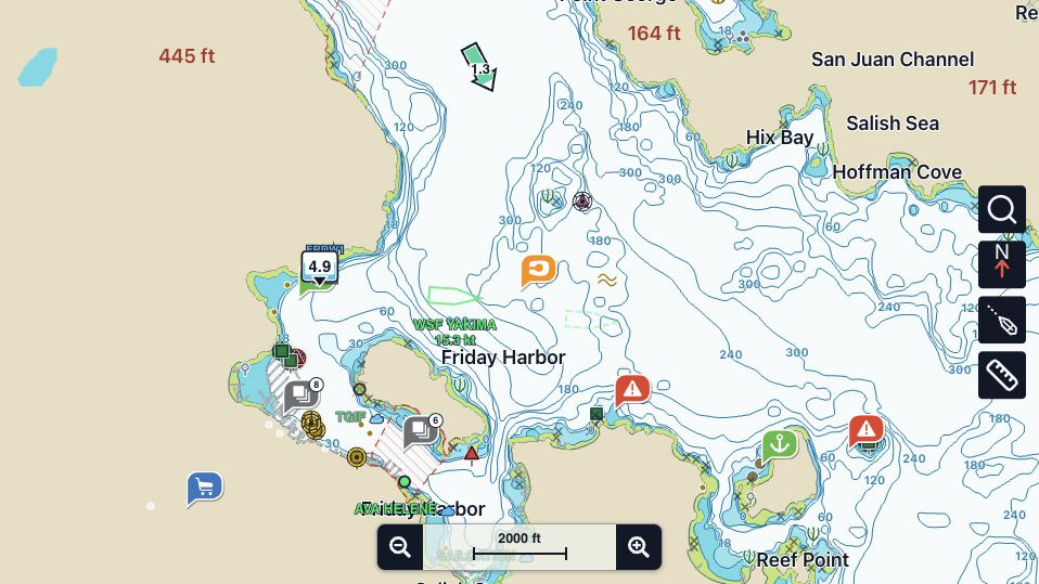 BoatKit marine chart centered on Friday Harbor with AIS traffic, ActiveCaptain points, and local chart context