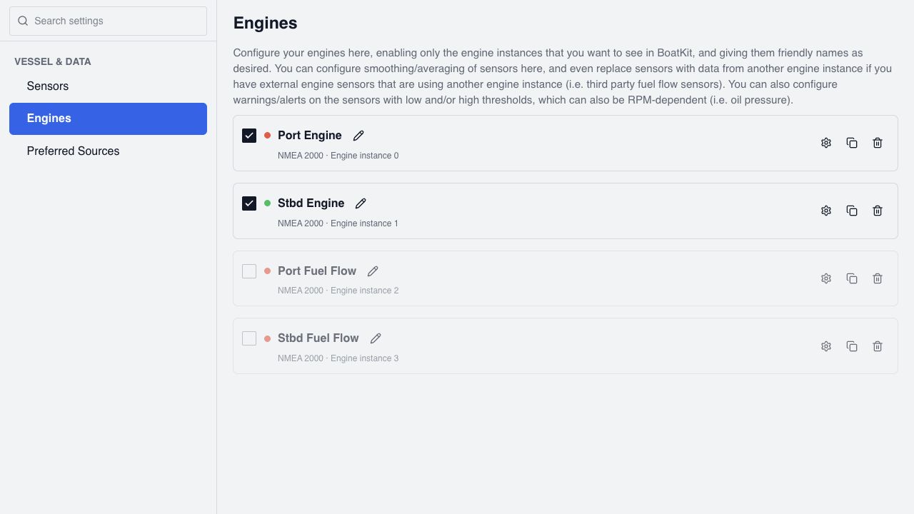 BoatKit engine settings showing named NMEA 2000 engine and fuel-flow instances with access to sensor and preferred-source pages