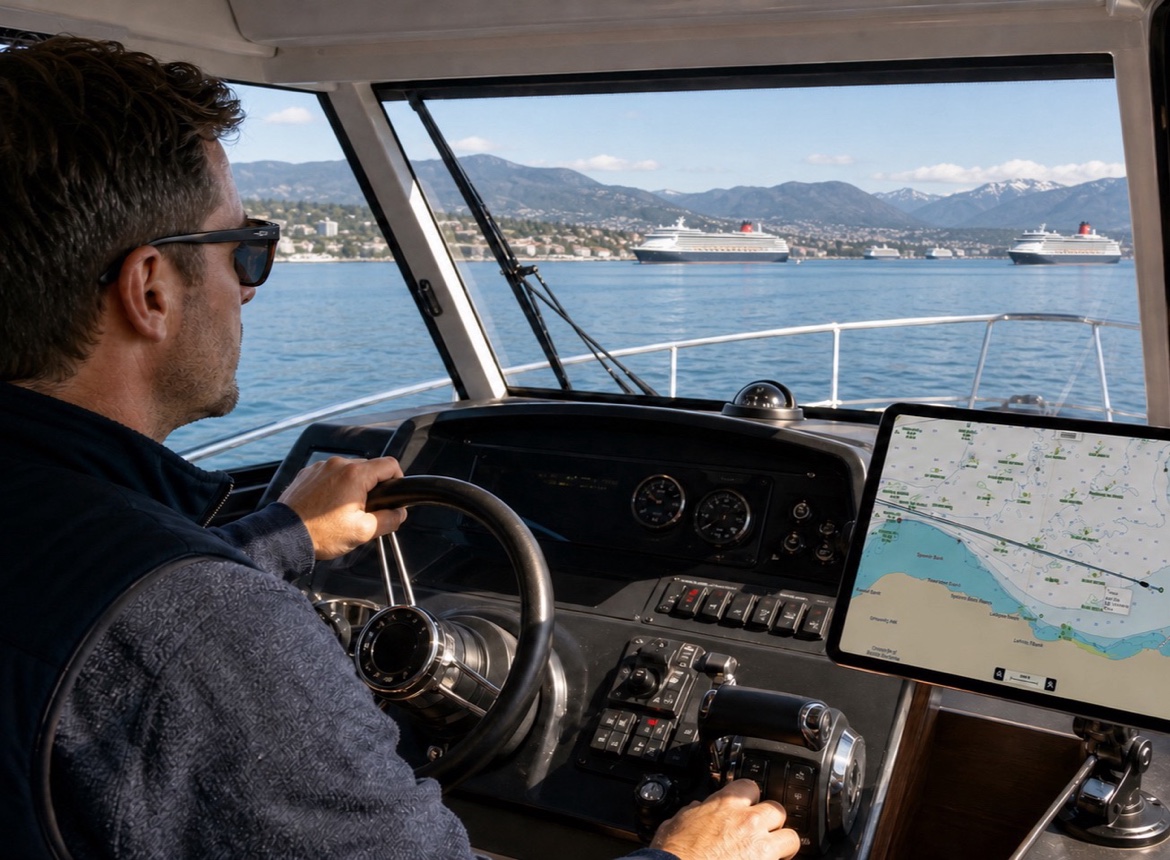 A boater navigating from the helm with BoatKit displayed on a mounted tablet
